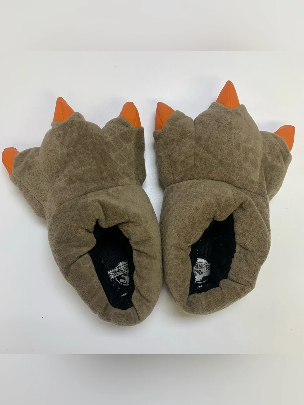 Kids Plush Dino Claw Slippers in Olive Green with Orange Claws
